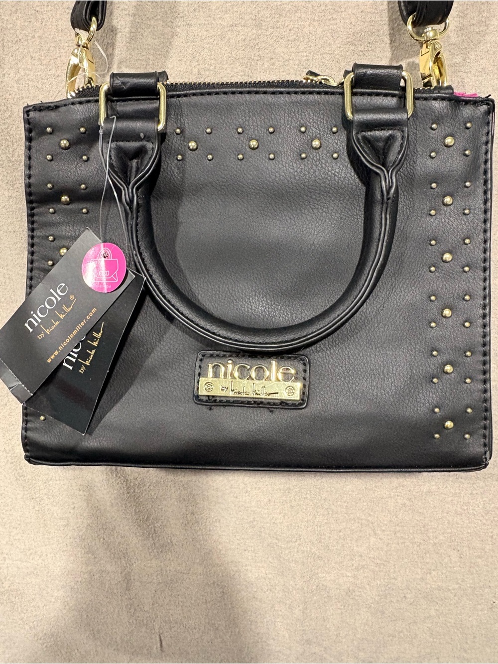 NWT Nicole Miller Black Satchel with Gold Stud Accents & Hardware